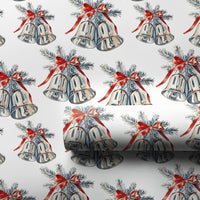Red Ribbon Christmas Gift Wrap, Vintage Silver Bells Wrapping Paper, Watercolor Holiday Bells Wrapping Paper