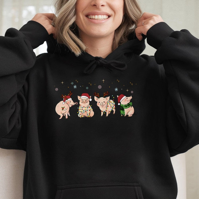 Adorable Festive Farm Animal Hooded Sweatshirt, Christmas Pig Hoodie, Merry Pigmas Graphic Pullover, Humorous Winter Animal Hoodie, Holiday Present