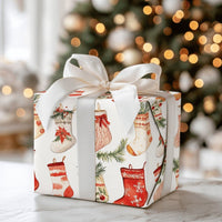 Watercolor Festive Holiday Gift Wrap, Christmas Stocking Wrapping Paper, Adorable Winter Xmas Wrapping Paper, Family Holiday Gift Wrapping Paper
