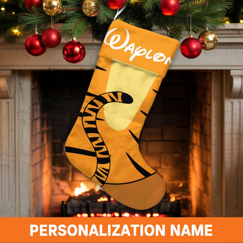 Custom Name Kids Holiday Stocking, Personalized Tiger Christmas Stocking, Velboa Animal Xmas Stocking, Fireplace Mantel Decor Present