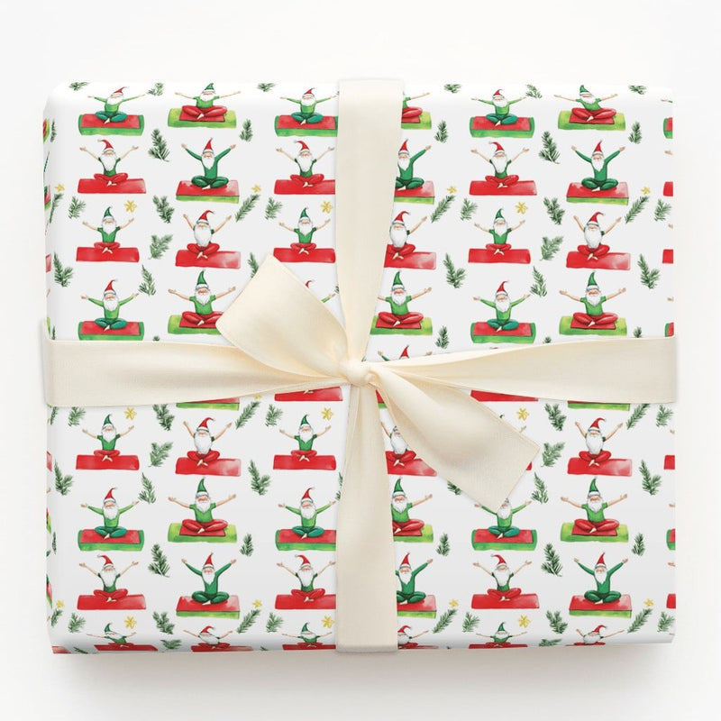 Whimsical Christmas Wrapping Paper, Yoga Santa and Elves Wrapping Paper, Humorous Holiday Gift Wrap Roll, Mindful Xmas Gift Wrapping Paper