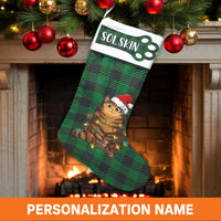Personalized Green Plaid Holiday Stocking, Cat Christmas Stocking, Custom Pet Lover Xmas Stocking, Adorable Kitty Christmas Mantle Decor Present