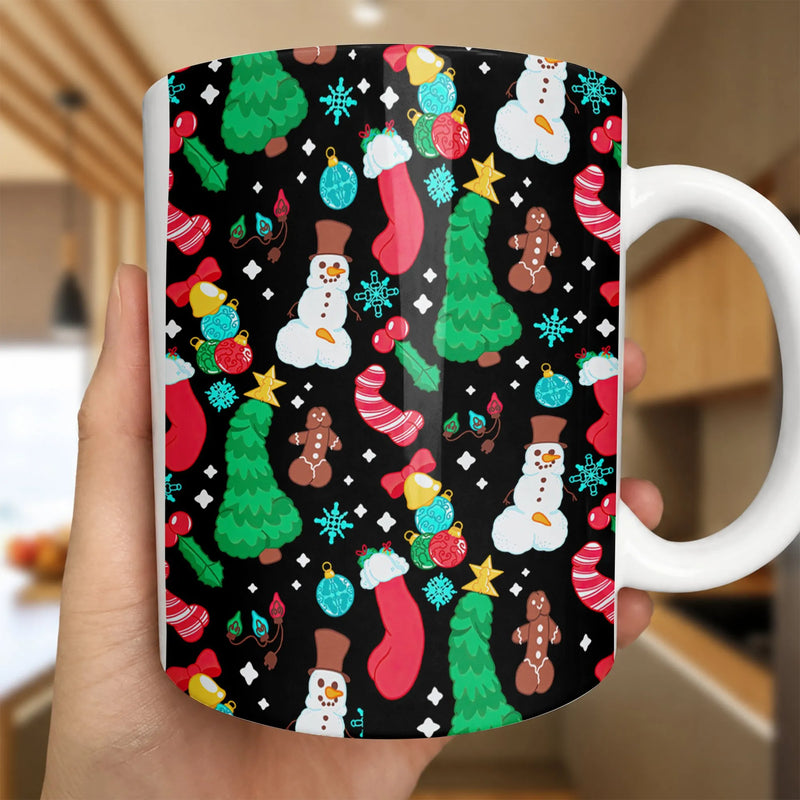 Humorous Adult Xmas Gag Coffee Mug, Naughty Phallic Snowman Gingerbread Mug, Dirty Secret Santa Tea Cup, Ceramic Christmas Mug