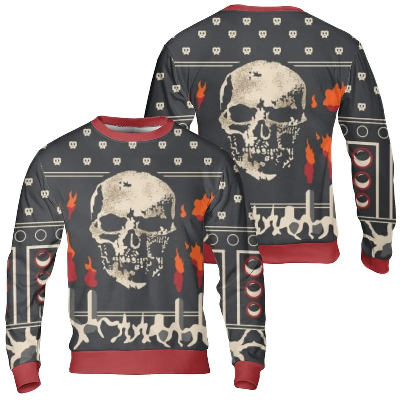 Flames Ugly Christmas Sweatshirt, Gothic Skull Sweatshirt, Dark Aesthetic Holiday Sweatshirt, Goth Winter Pullover Sweater, Xmas Present