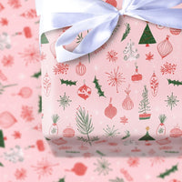 Hand Drawn Holiday Ornament Gift Wrap, Pink Christmas Tree Wrapping Paper, Pastel Pink Christmas Wrapping Paper, Festive Xmas Wrapping Paper