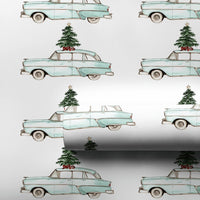 Retro Blue Car Holiday Wrapping Paper, Vintage Station Wagon Christmas Wrapping Paper, Tree on Car Gift Wrap, Nostalgic Xmas Paper Roll