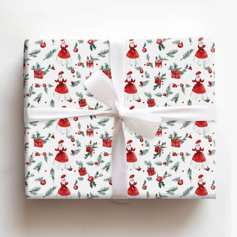 Vintage Christmas Gift Wrap, Mrs Claus Wrapping Paper, Watercolor Holiday Wrapping Paper, Retro Mrs Claus Gift Wrap, Xmas Present Paper