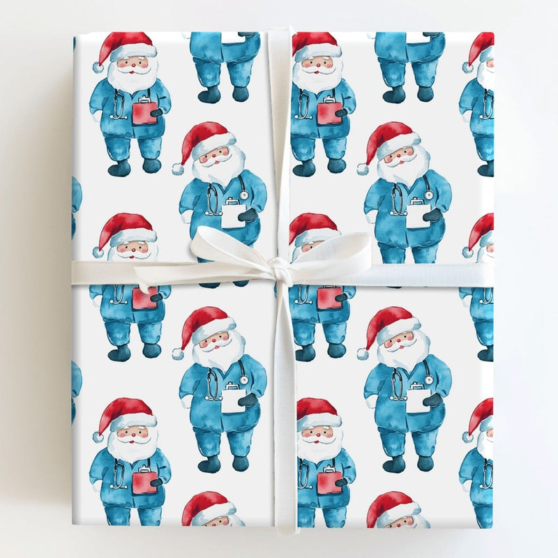 Nurse Scrubs Christmas Gift Wrap, Doctor Santa Wrapping Paper, Watercolor Medical Santa Wrapping Paper, Healthcare Worker Holiday Gift Wrap