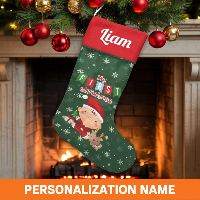 Personalized Custom Name Holiday Stocking, Baby's First Christmas Stocking, Velboa Velvet Christmas Stocking, Keepsake Newborn Present