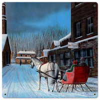 Vintage Winter Sleigh Sign, Sleigh Ride in Town Metal Sign, Retro Christmas Town Metal Wall Art, Holiday Season Home Decor Metal Sign Plaque