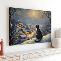 Snowy Winter Night Village Scene, Christmas Black Cat Canvas Wall Art, Comfy Holiday Kitten Print, Xmas Present Digital Download Decor