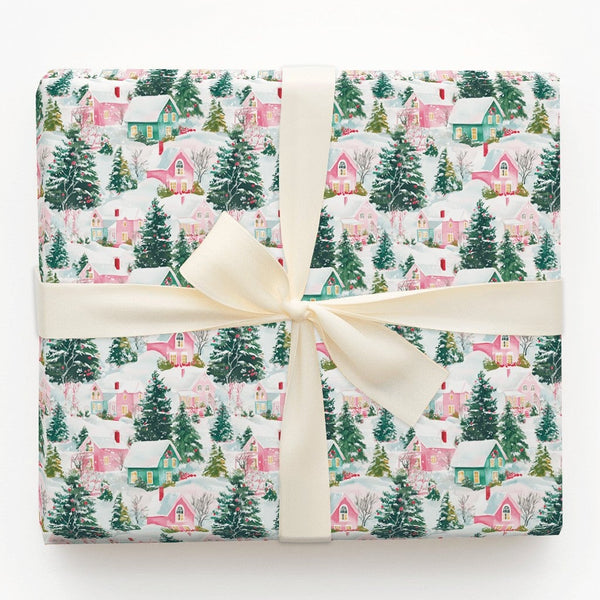 Watercolor Holiday Gift Wrap, Pastel Winter Village Christmas Wrapping Paper, Pink Green Christmas Tree Wrap, Comfy Snowy Vil