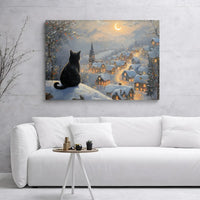 Snowy Village Canvas Print, Black Cat Christmas Canvas Wall Art, Comfy Holiday Winter Wall Decor, Festive Cat Lover Canvas Art Present