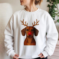 Adorable Wiener Dog Holiday Crewneck, Dachshund Reindeer Christmas Sweatshirt, Festive Doxie Puppy Sweater, Xmas Dog Lover Pullover