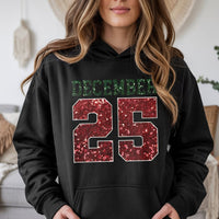 Glitter Red and Green Holiday Hoodie, December 25 Christmas Hoodie, Festive Winter Graphic Pullover Hoodie, Adorable Xmas Hooded Sweatshirt
