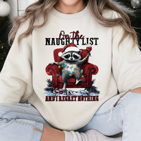 Humorous Naughty List Raccoon Pullover, Raccoon Christmas Sweatshirt, Adorable Trash Panda Crewneck, Retro Holiday Animal Present Raccoon Sweatshirt