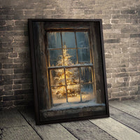 Snowy Rustic Winter Window Painting Art, Christmas Tree Window Canvas Print, Holiday Pine Tree Poster, Xmas Wall Decor, Digital Download