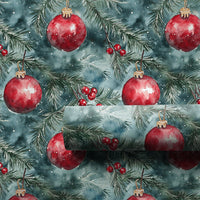 Pine Branch Christmas Gift Wrap, Watercolor Red Ornament Wrapping Paper, Holly Berry Wrapping Paper, Snowy Winter Holiday Wrapping Paper