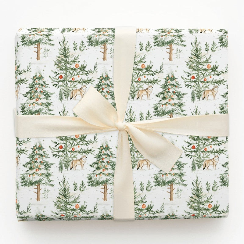 Snowy Forest Christmas Gift Wrap, Watercolor Wolf Wrapping Paper, Rustic Winter Holiday Wrapping Paper, Nature Animal Present Wrapping Paper
