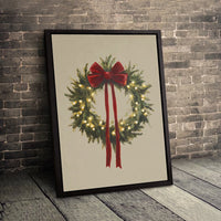 Illuminated Holiday Canvas Wall Art, Christmas Wreath Canvas Print, Red Bow Winter Canvas Decor, Festive Xmas Painting