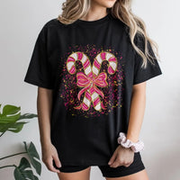 Coquette Bow Graphic Tee, Pink Candy Cane Christmas T-Shirt, Preppy Holiday Shirt, Adorable Aesthetic Xmas Graphic T-Shirt, Present for Women
