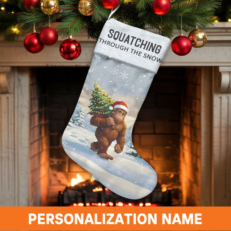 Humorous Bigfoot Holiday Stocking, Squatching Through the Snow Christmas Stocking, Personalized Sasquatch Xmas Stocking, Winter Mantle Decor