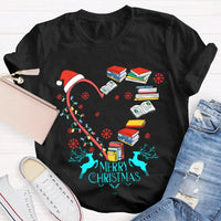 Heart Graphic Tee, Christmas Books Santa Hats Snowflakes T-Shirt, Bookish Holiday Shirt, Adorable Reader Xmas Present