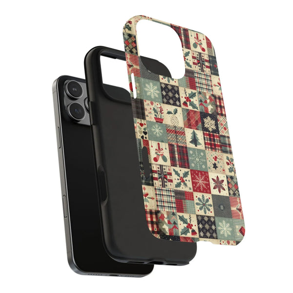 Holiday Plaid Snowflake iPhone Case, Christmas Patchwork Phone Case, Festive Holly Berry Phone Cover, Vintage Quilt Pattern H
