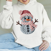 Crochet Faux Yarn Graphic Hooded Sweatshirt, Christmas Snowman Hoodie, Adorable Winter Snowman Hoodie, Comfy Holiday Season Present for Her