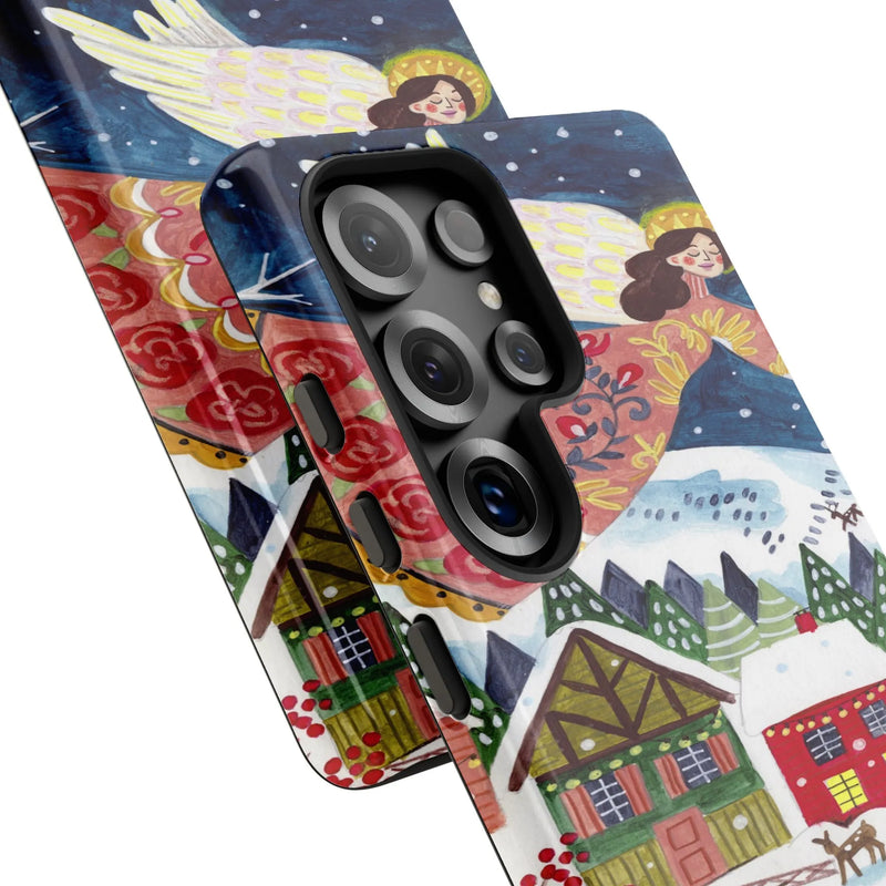 Christmas Folk Art Snow Tough Phone Case, Winter Village Angel Samsung Galaxy Case, Nostalgic Holiday Season Tech Present Cover