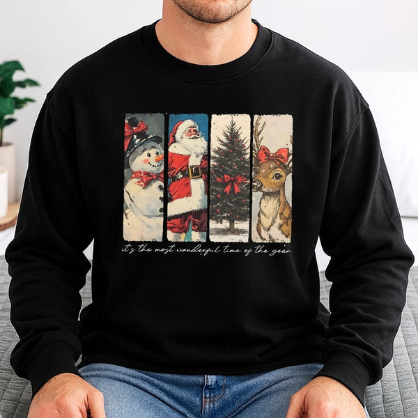 Retro Santa Snowman Reindeer Sweater, Vintage Christmas Sweatshirt, Nostalgic Holiday Graphic Pullover, Winter Xmas Crewneck,