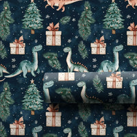 Watercolor Dino Gift Wrap, Navy Christmas Dinosaur Wrapping Paper, Winter Tree Holiday Dinosaur Wrapping Paper, Kids Gift Wrapping Paper