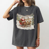 Classic Snowy Christmas Village Shirt, Vintage Santa Sleigh T-Shirt, Retro Holiday Sleigh Graphic Tee, Nostalgic Xmas Graphic T-Shirt