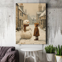 Winter Village Scene Canvas Print, Vintage Snowman Canvas Wall Art, Nostalgic Christmas Wall Art, Holiday Snowman Canvas, Winter Home Decor