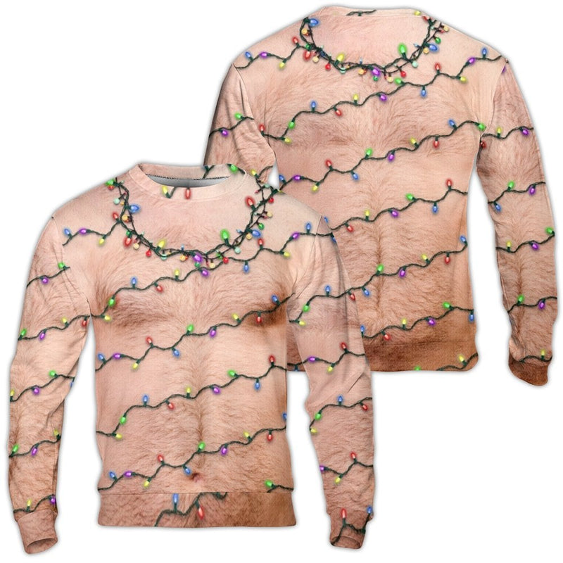 Realistic Fake Body Print Fleece Pullover, Hairy Chest Christmas Lights Ugly Sweater, Humorous Holiday Gag Present Party Sweatshirt