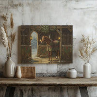 Winter Farmhouse Canvas Wall Art, Horse in Snowy Stable Canvas Print, Equestrian Barn Artwork, Festive Christmas Decor Canvas Present