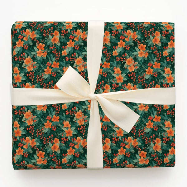 Orange Botanical Holiday Wrapping Paper, Vintage Floral Christmas Wrapping Paper, Red Berry Winter Wrapping Paper, Festive Ho