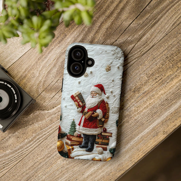 3D Textured Santa with Books Case, Santa Claus Phone Case for iPhone, Bookish Xmas Holiday Phone Cover, Christmas Present for