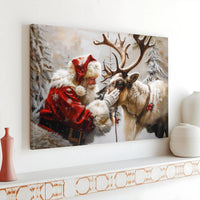 Snowy Winter Forest Canvas Print, Santa Claus and Reindeer Canvas Wall Art, Vintage Holiday Painting, Christmas Wall Decor Present