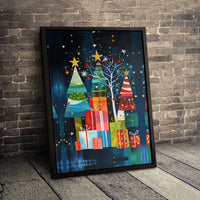 Colorful Holiday Gift Boxes Art, Abstract Christmas Tree Wall Art Print, Canvas Art Digital Download, Festive Holiday Home Decor Present