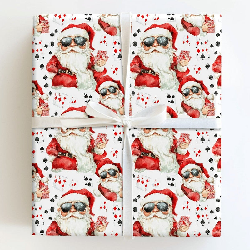 Humorous Christmas Gift Wrap, Cool Santa Poker Wrapping Paper, Sunglasses Santa Present Paper, Gambler Holiday Gift Wrap, Card Suit Xmas Paper