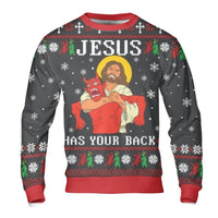 Humorous Christian Ugly Christmas Sweatshirt, Jesus Has Your Back Sweatshirt, Religious Holiday Humor Sweatshirt