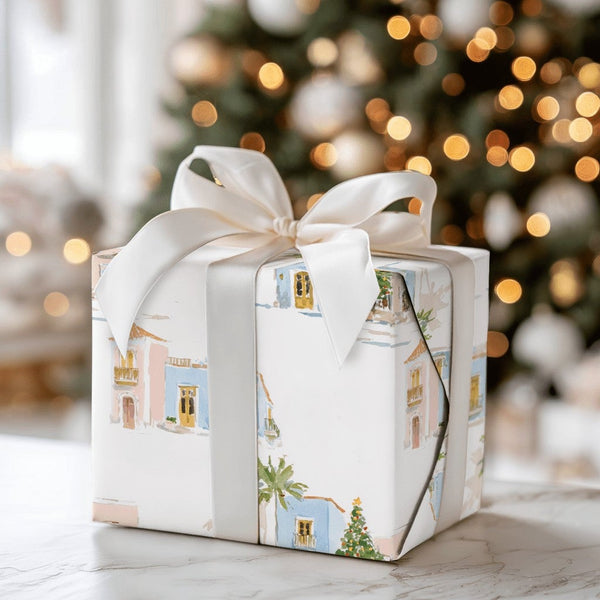 Tropical Village Wrapping Paper, Coastal Christmas Wrapping Paper, Watercolor Beach House Gift Wrap, Pastel Coastal Town Wrap