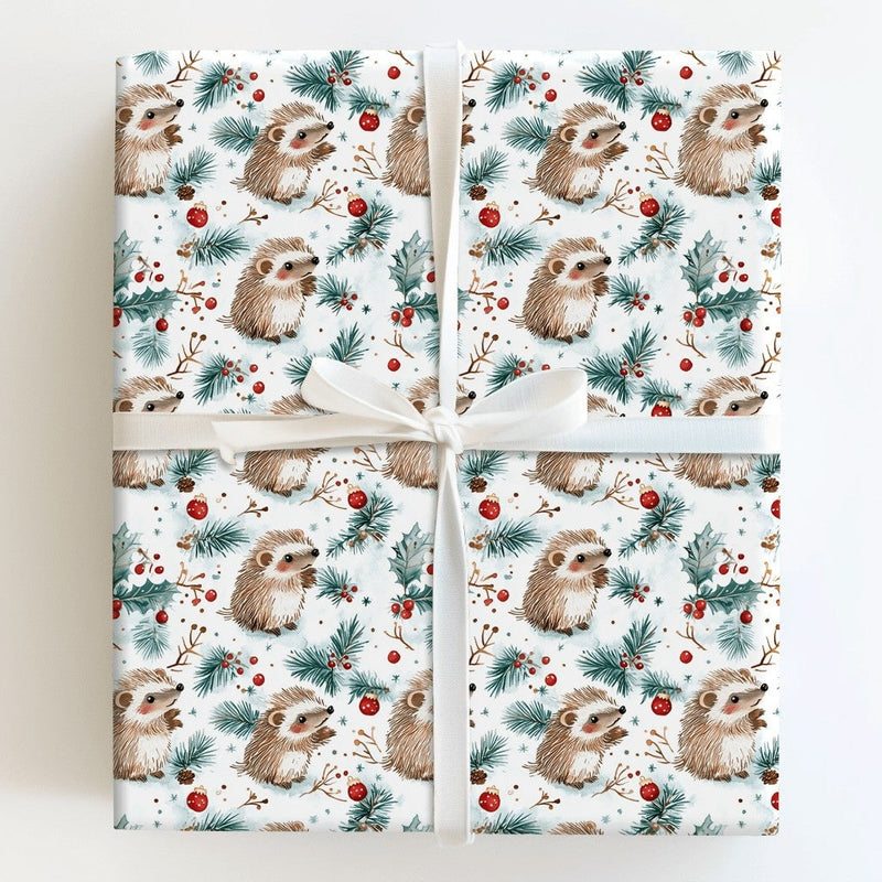 Woodland Holiday Wrapping Paper, Hedgehog Christmas Wrapping Paper, Watercolor Animal Gift Wrap, Winter Pine Festive Wrapping Paper