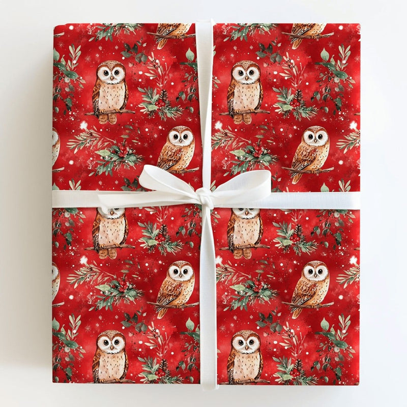 Woodland Bird Gift Wrap, Watercolor Owl Wrapping Paper, Red Christmas Wrapping Paper, Pinecone Gift Wrap, Winter Holiday Wrapping Paper