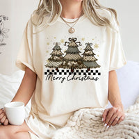 Checkerboard Christmas Shirt, Camo Christmas Tree T-Shirt, Coquette Tree Graphic Tee, Festive Christmas T-Shirt, Holiday Party Present for Her