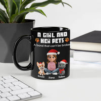 Custom Girl Dog Cat Holiday Mug, Personalized Pet Mom Christmas Mug, Winter Illustration Ceramic Cup, Adorable Present for Pet Lovers