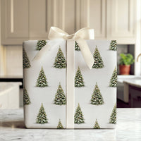 Winter Forest Holiday Gift Wrap, Snowy Christmas Tree Wrapping Paper, Snow Dusted Evergreen Tree Paper, Festive Present Wrap Roll for Presents