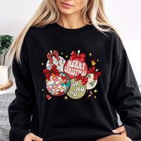 Disco Ball Holiday Graphic Crewneck, Retro Christmas Ornaments Sweatshirt, Coquette Bow Xmas Sweater, Festive Winter Holiday Pullover