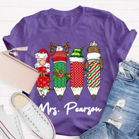 Custom Name Holiday School Graphic Tee, Personalized Christmas Pencils T-Shirt, Teacher and Student Festive Xmas Shirt